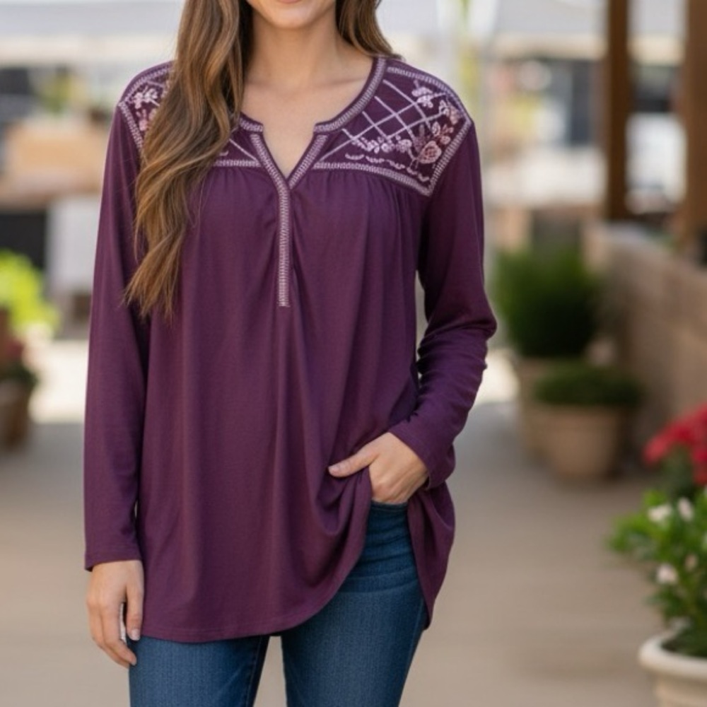 St. John’s Bay Maroon Embroidered Long Sleeve Blouse- 3x